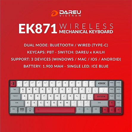 Bàn phím cơ DareU EK871 Grey White Bluetooth Red switch