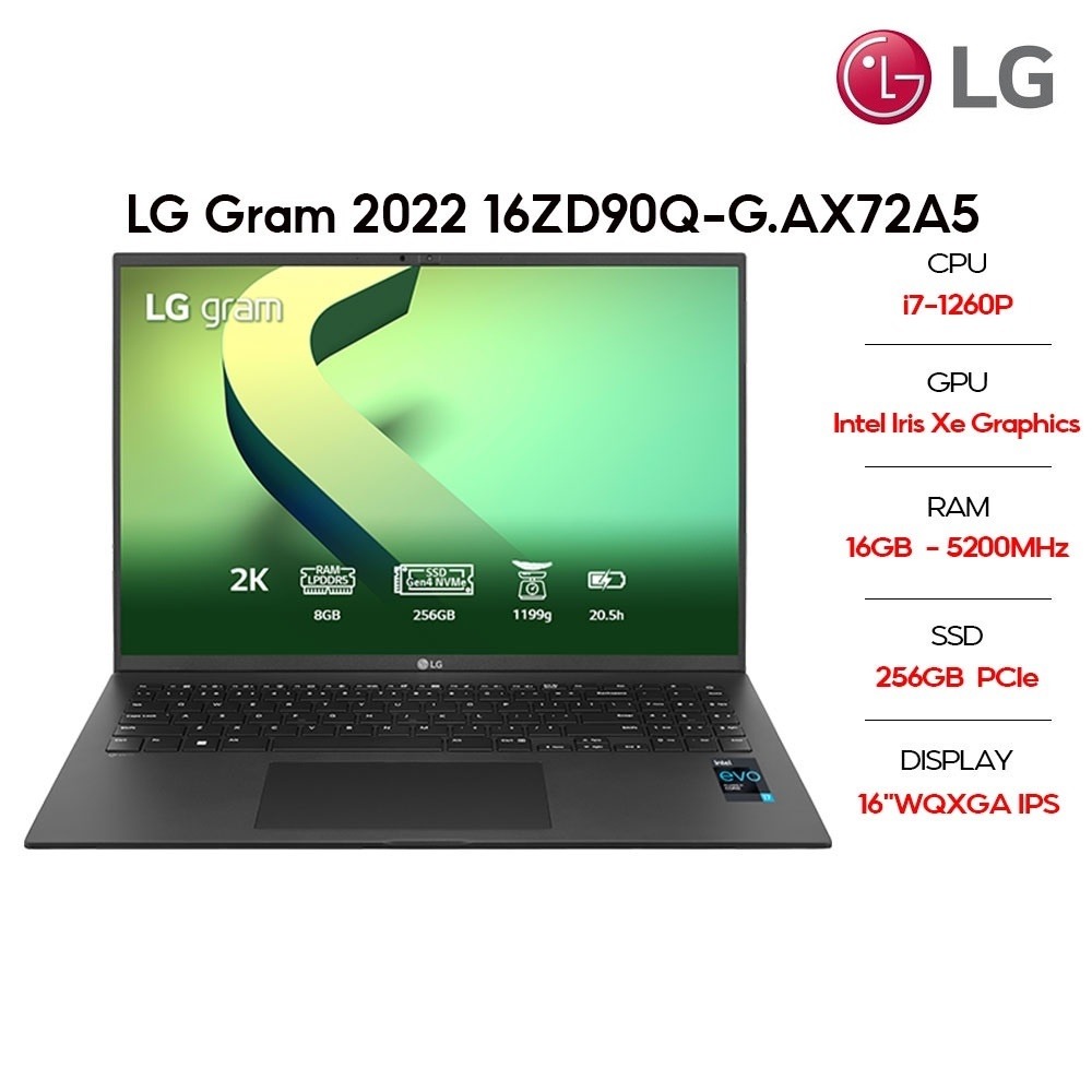 Laptop LG Gram 2022 16ZD90Q-G.AX72A5 (Core™ i7-1260P | 16GB | 256GB | Iris Xe Graphics | 16 inch WQXGA | Non-OS | Black)